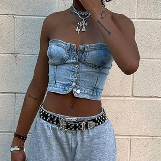 Slim Fit Denim Top - TayDiane