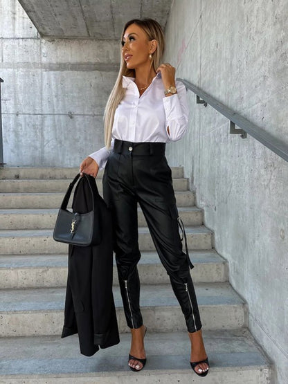 Slim Fit PU Leather Pants - TayDiane