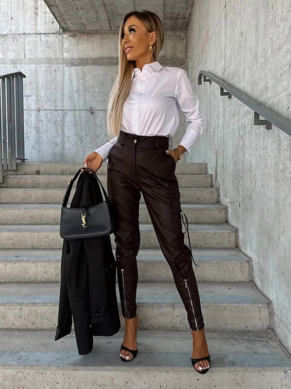 Slim Fit PU Leather Pants - TayDiane