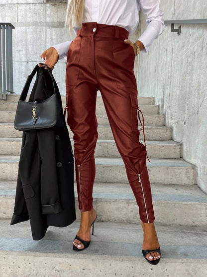 Slim Fit PU Leather Pants - TayDiane