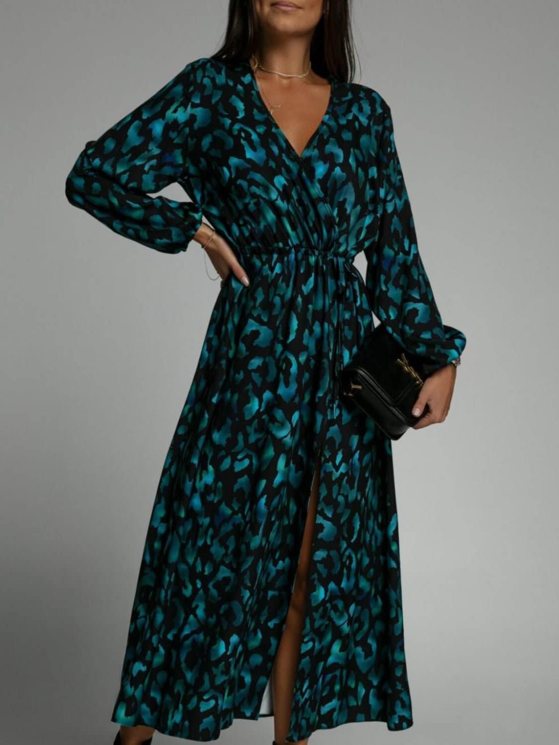 Slit Printed Surplice Long Sleeve Dress - TayDiane