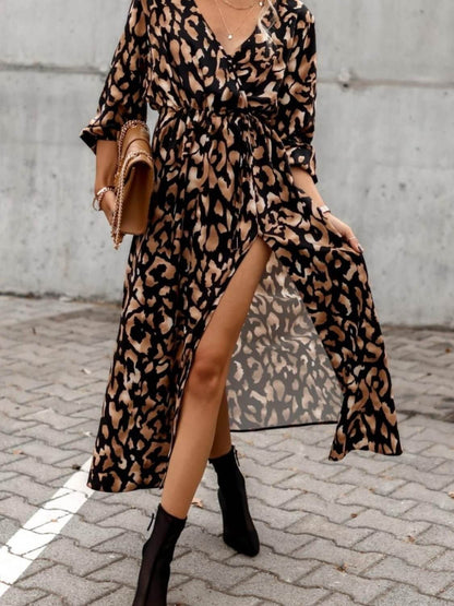 Slit Printed Surplice Long Sleeve Dress - TayDiane