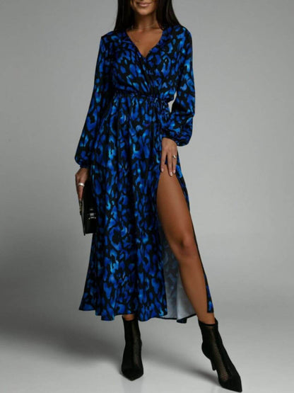 Slit Printed Surplice Long Sleeve Dress - TayDiane