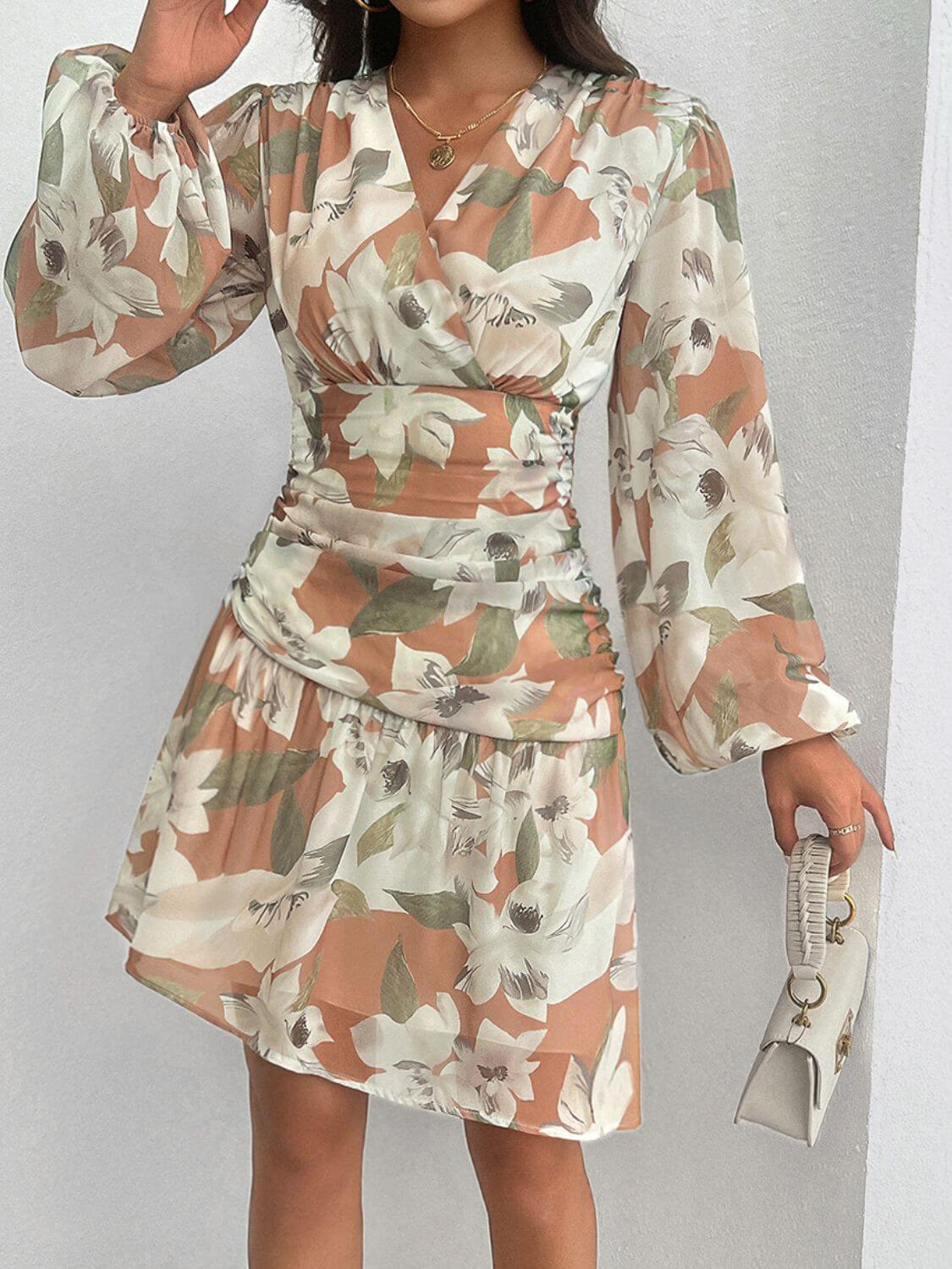 Smocked Floral Print Long Sleeve Dress - TayDiane