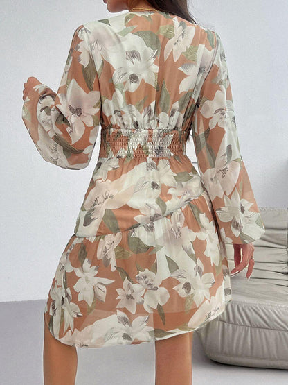 Smocked Floral Print Long Sleeve Dress - TayDiane