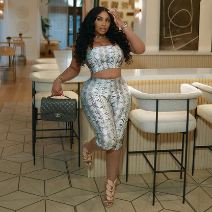 Snake Print Strapless Crop Top & Capri Set - Taydiane