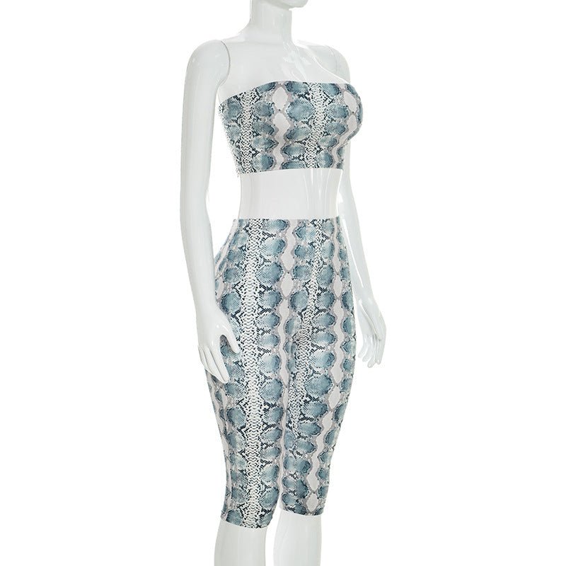 Snake Print Strapless Crop Top & Capri Set - Taydiane