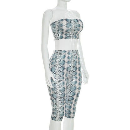 Snake Print Strapless Crop Top & Capri Set - Taydiane