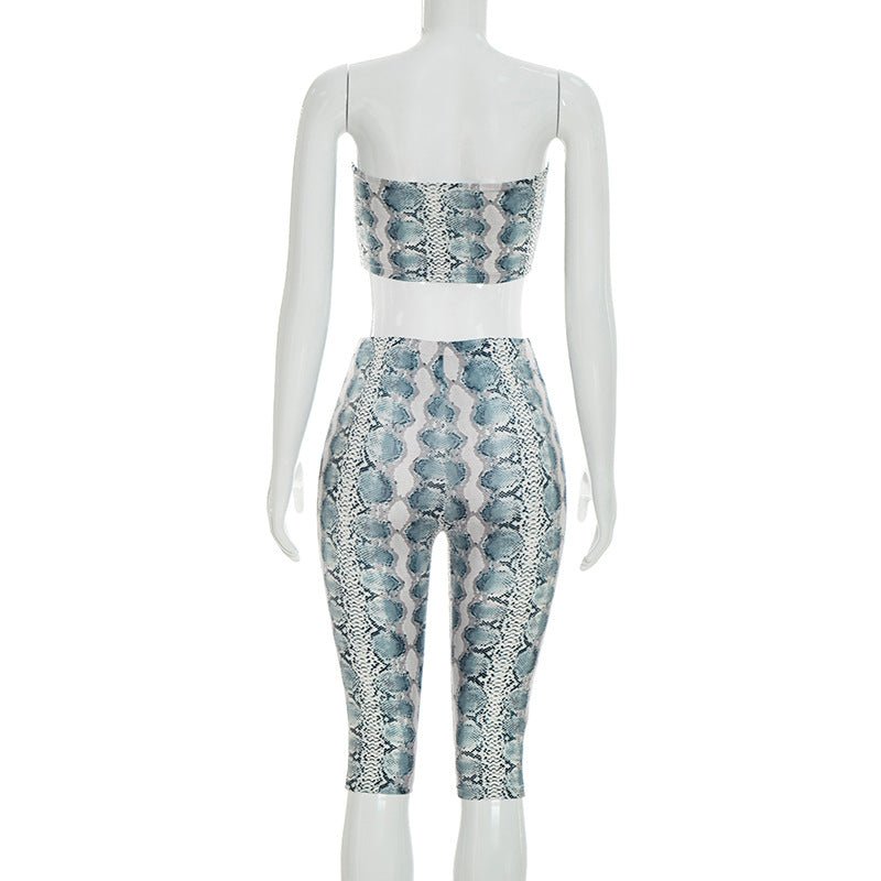 Snake Print Strapless Crop Top & Capri Set - Taydiane