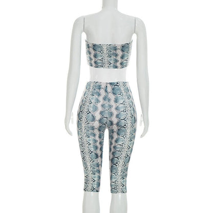 Snake Print Strapless Crop Top & Capri Set - Taydiane