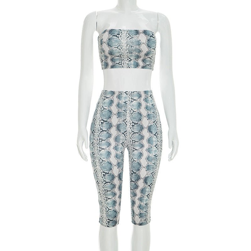 Snake Print Strapless Crop Top & Capri Set - Taydiane