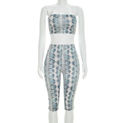 Snake Print Strapless Crop Top & Capri Set - Taydiane