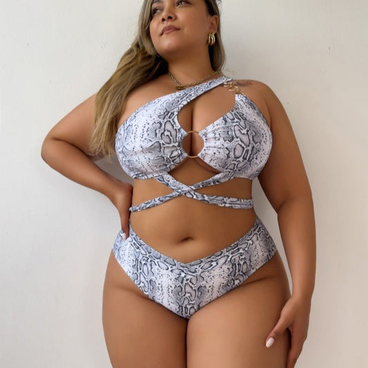 Snakeskin Asymmetric Cutout Print Bikini - TayDiane