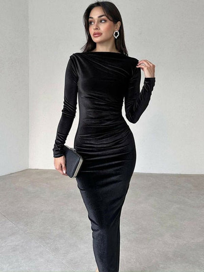 Soft Pleated Round Neck Long Sleeve Dress - TayDiane