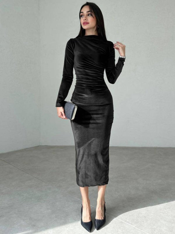 Soft Pleated Round Neck Long Sleeve Dress - TayDiane