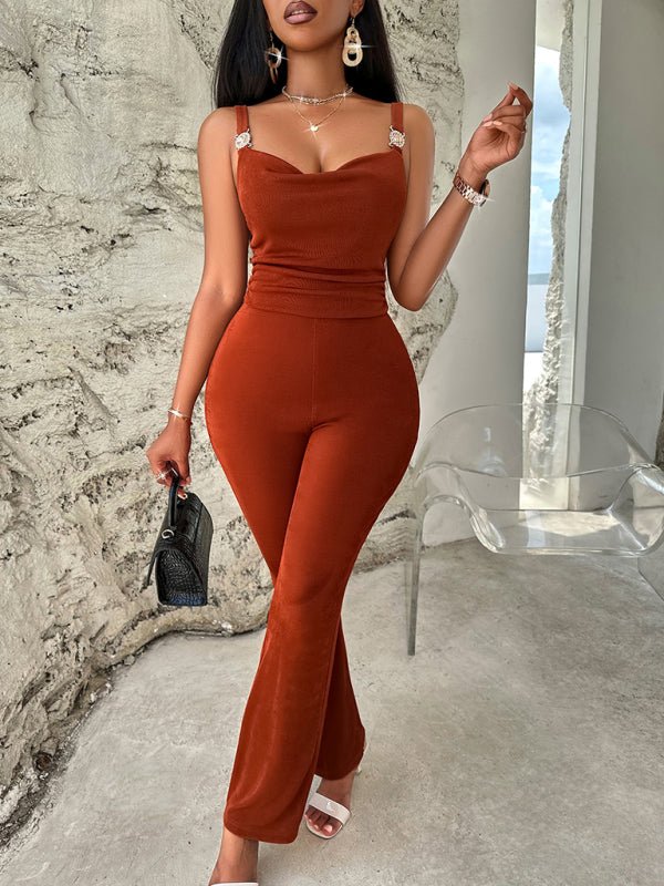 Solid Color Metal Suspenders Jumpsuit - TayDiane