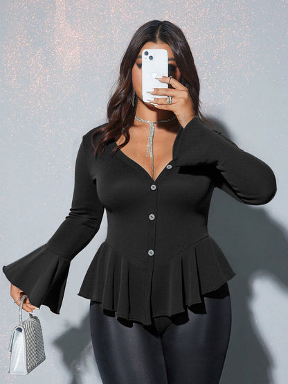 Sophia Ribbed Flare - Sleeve Button Top - TayDiane