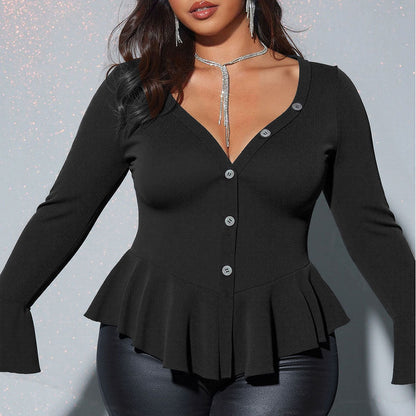 Sophia Ribbed Flare - Sleeve Button Top - TayDiane