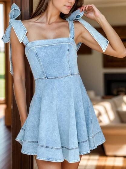 Square Neck Tie Shoulder Denim Dress - TayDiane