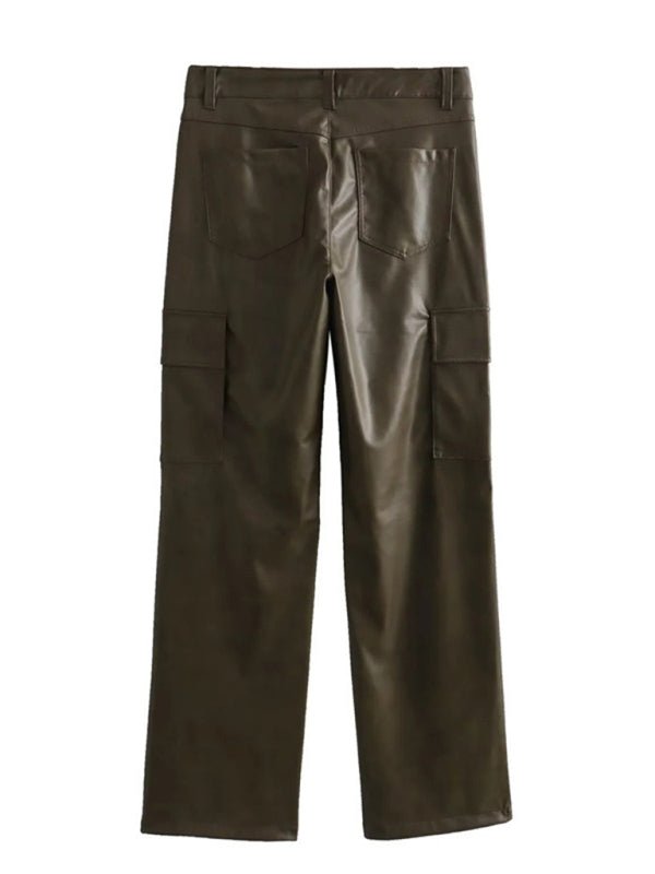 Straight Cut High Waist PU Leather Pants - TayDiane