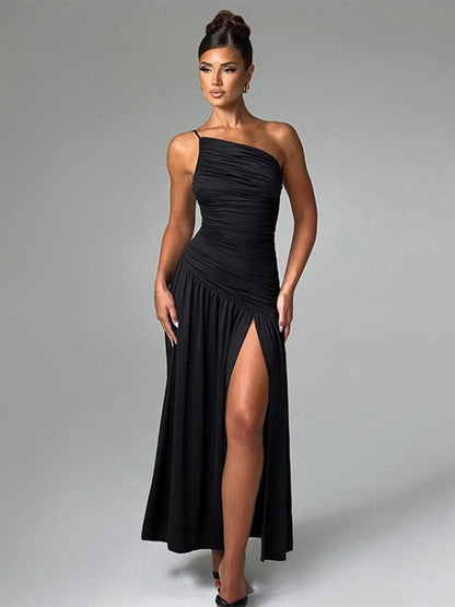 Strapless Off - Shoulder Gathered Slit Dress - TayDiane