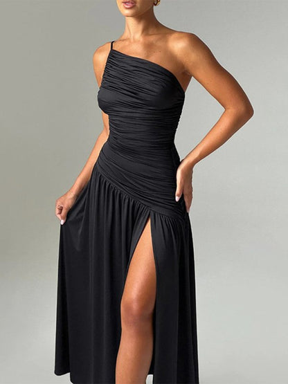 Strapless Off - Shoulder Gathered Slit Dress - TayDiane