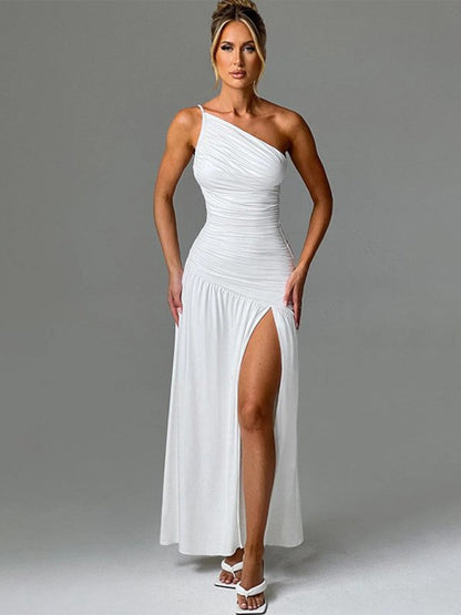 Strapless Off - Shoulder Gathered Slit Dress - TayDiane