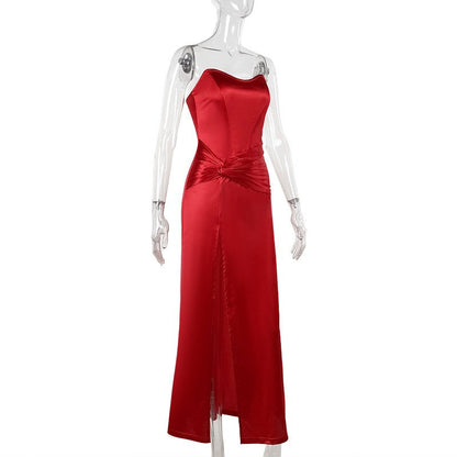 Strapless Satin Split Maxi Dress - Taydiane
