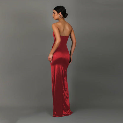 Strapless Satin Split Maxi Dress - Taydiane
