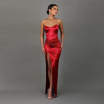 Strapless Satin Split Maxi Dress - Taydiane