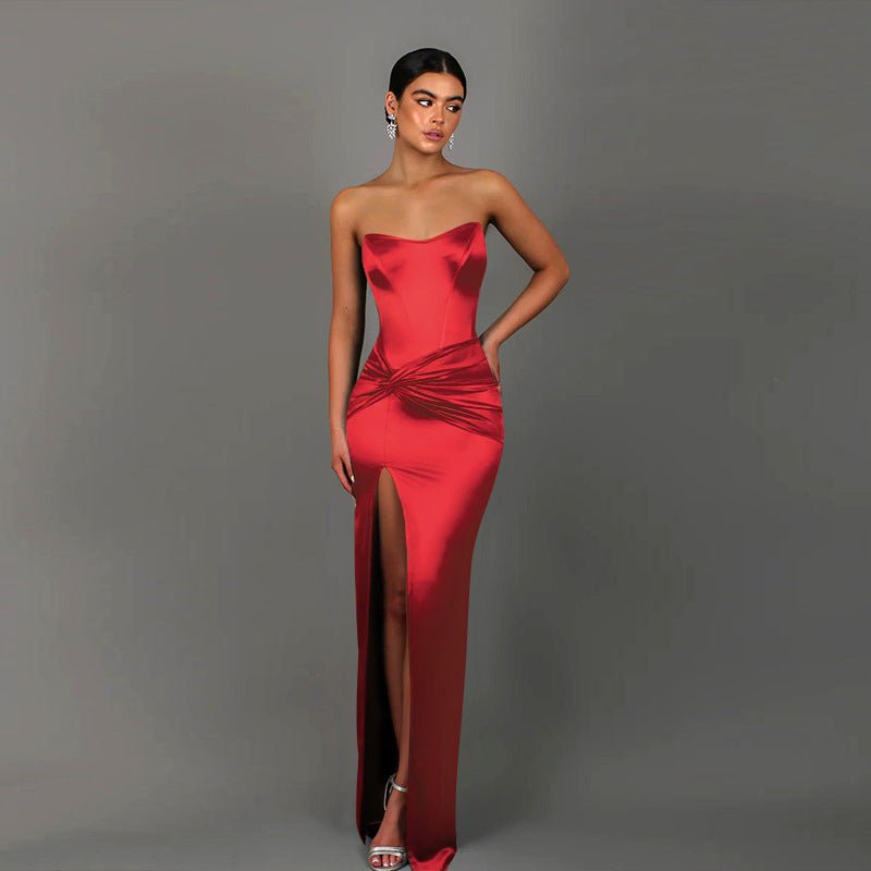 Strapless Satin Split Maxi Dress - Taydiane