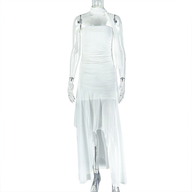 Strapless White Draped Shoulder Maxi Dress - TayDiane