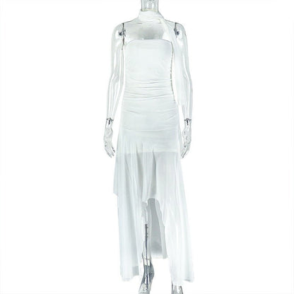 Strapless White Draped Shoulder Maxi Dress - TayDiane