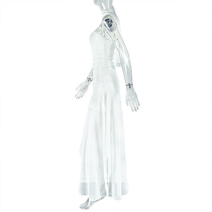 Strapless White Draped Shoulder Maxi Dress - TayDiane