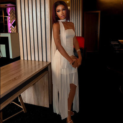 Strapless White Draped Shoulder Maxi Dress - TayDiane