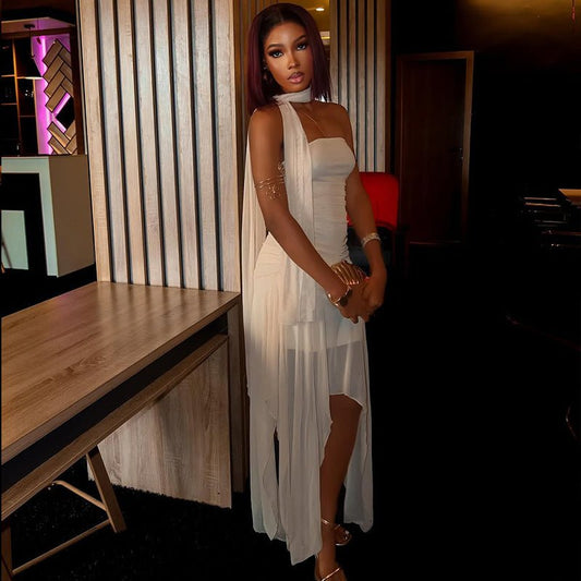 Strapless White Draped Shoulder Maxi Dress - TayDiane