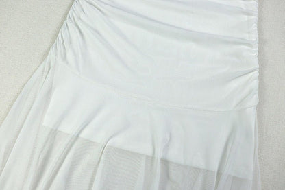 Strapless White Draped Shoulder Maxi Dress - TayDiane