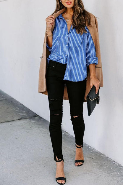 Striped Button Up Long Sleeve Shirt - TayDiane