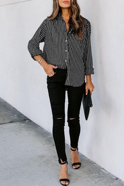 Striped Button Up Long Sleeve Shirt - TayDiane