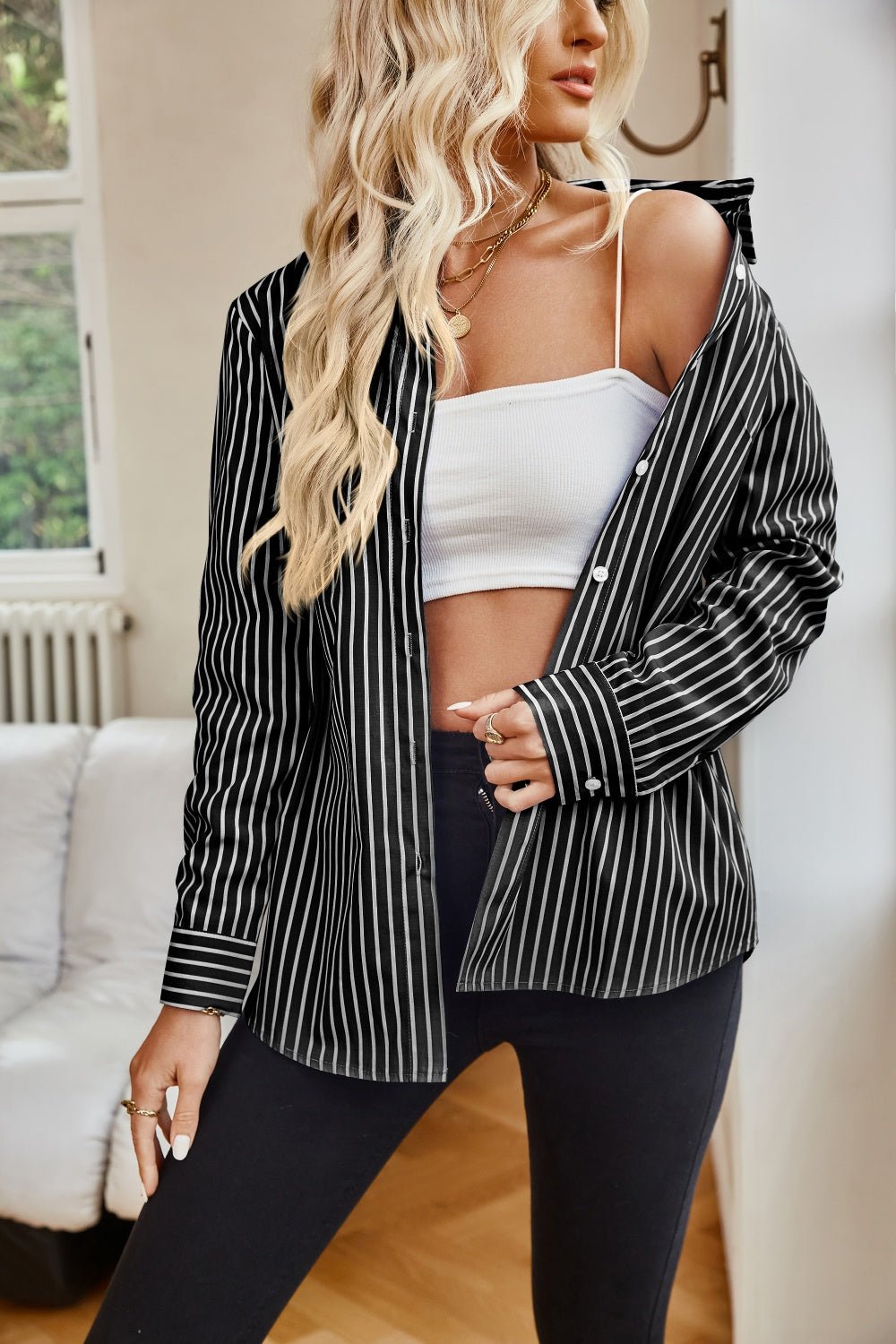 Striped Button Up Long Sleeve Shirt - TayDiane