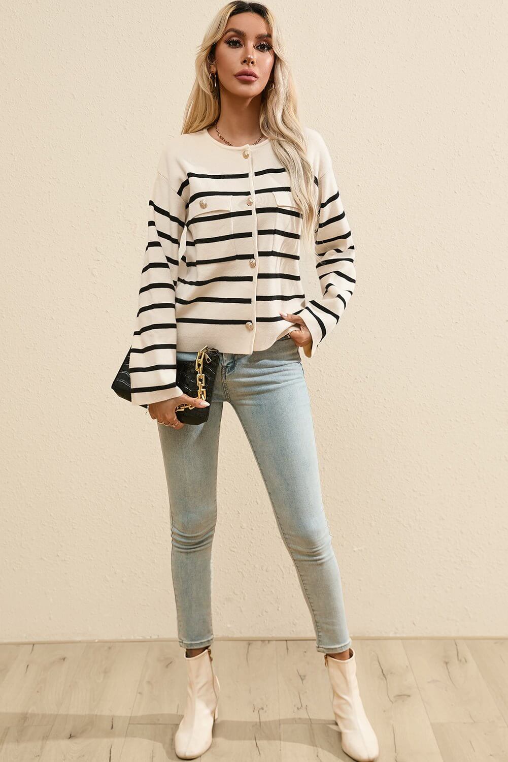 Striped Button Up Round Neck Cardigan - TayDiane