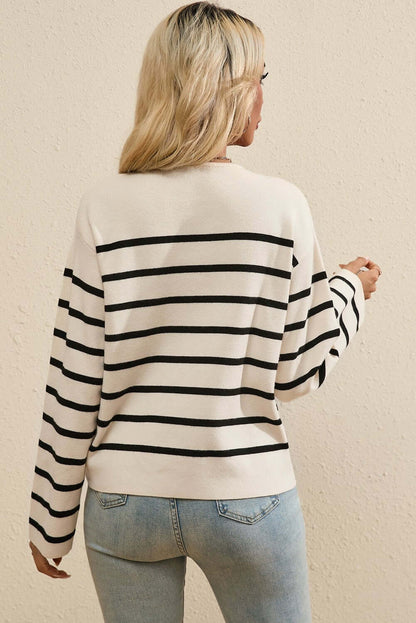 Striped Button Up Round Neck Cardigan - TayDiane