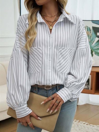 Striped Collared Neck Long Sleeve Shirt - TayDiane