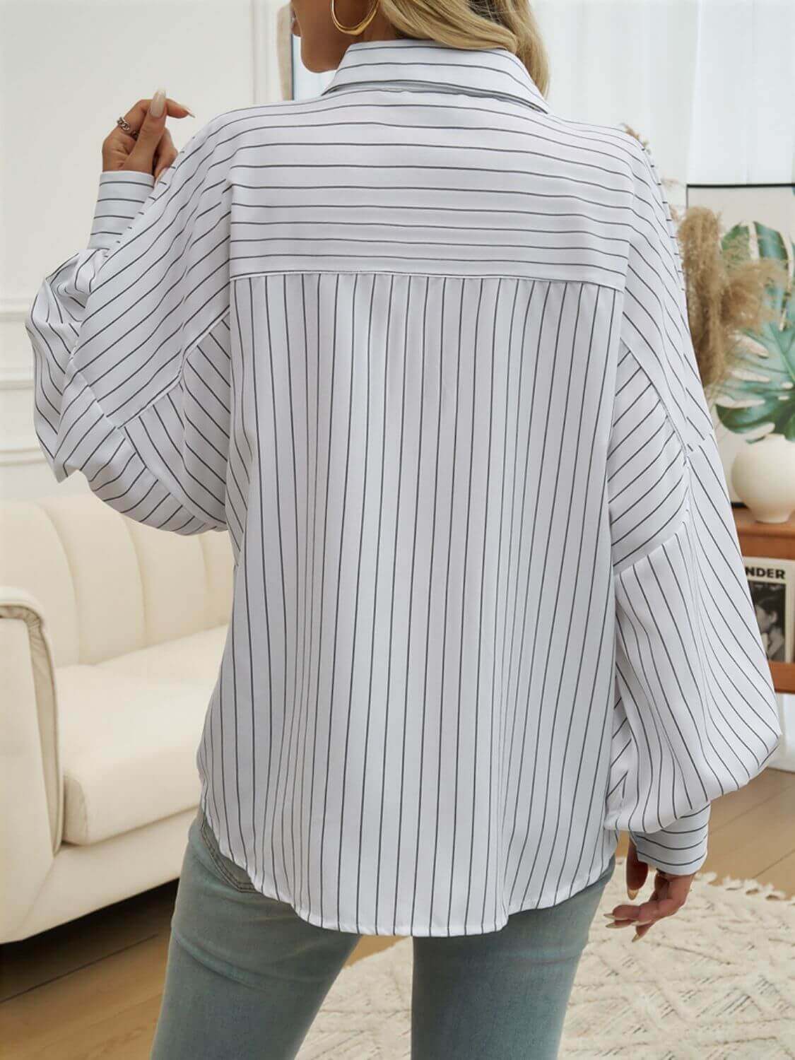 Striped Collared Neck Long Sleeve Shirt - TayDiane