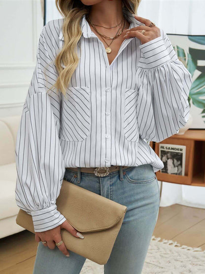 Striped Collared Neck Long Sleeve Shirt - TayDiane