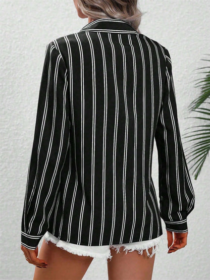 Striped Collared Neck Long Sleeve Shirt - TayDiane