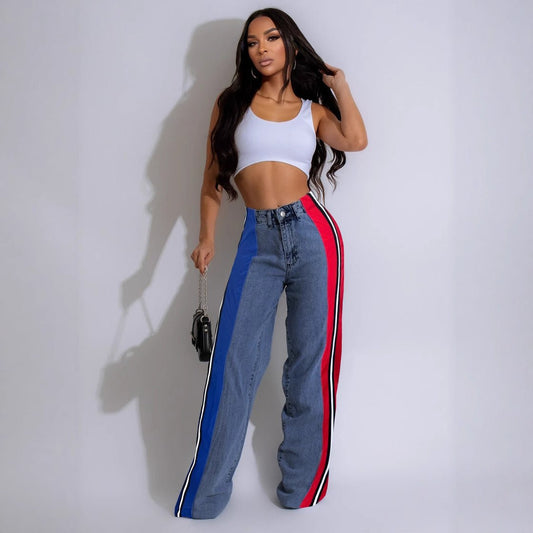 Striped Contrast Color Denim Jeans - TayDiane