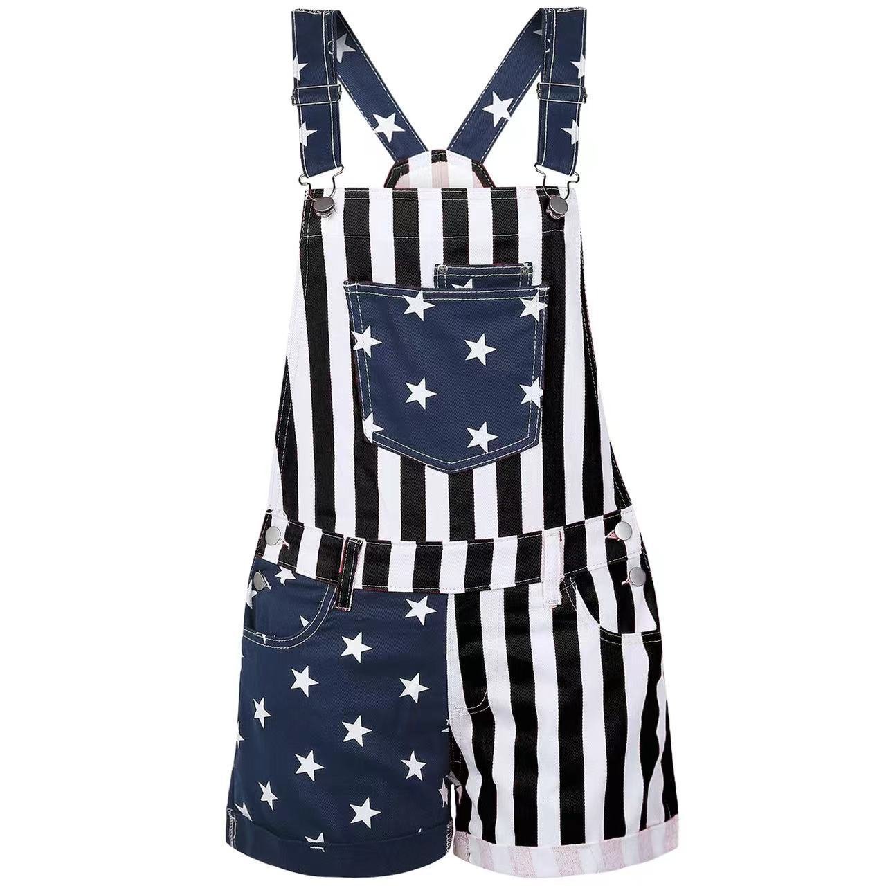 Striped Denim Overall Shorts - Taydiane