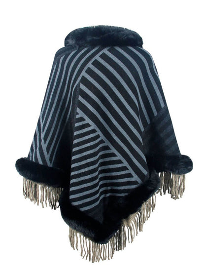 Striped Fringe Hem Poncho - TayDiane