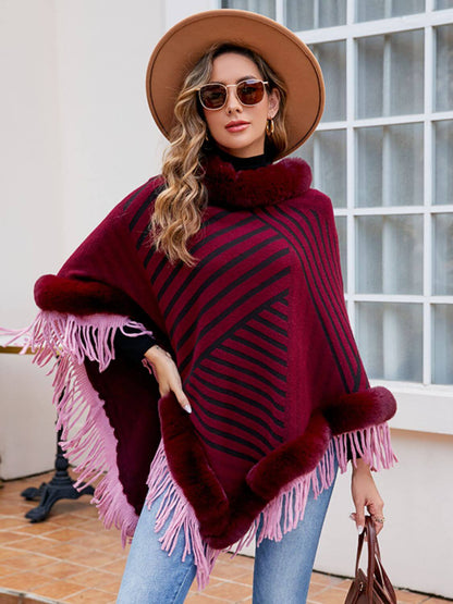 Striped Fringe Hem Poncho - TayDiane